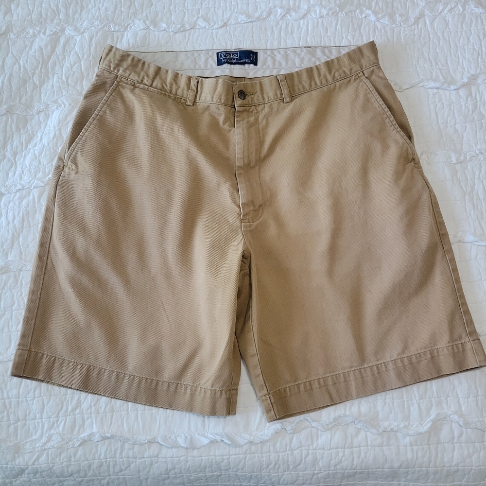 2/$35 Polo Ralph Lauren Flat Front Khaki Shorts 36 100% Cotton Distressed